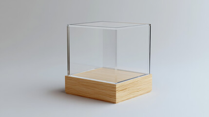 Glass showcase, display, exhibit stand, transparent box front and angle view on wood or plastic base. Crystal block, exhibition or award podium, glossy isolated object Realistic 3d vector illustration