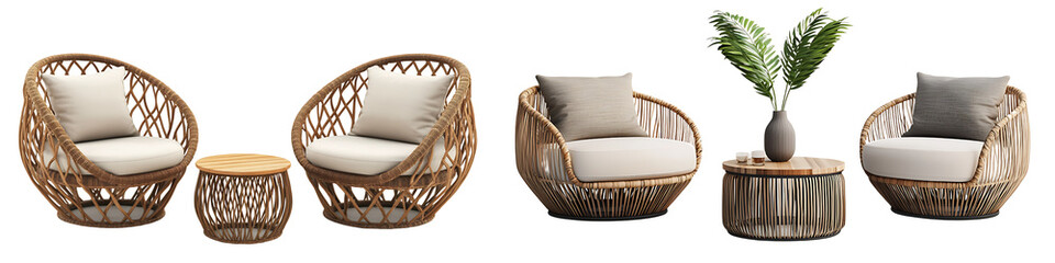 Fototapeta premium Set of rattan chairs with cushions and an indoor table, isolated on a transparent background.