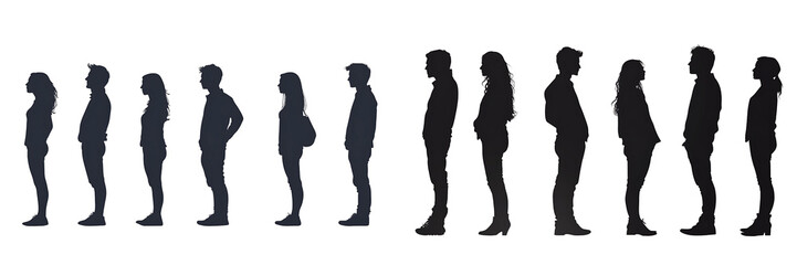 Set of silhouettes of people standing in line, isolated on a transparent background.