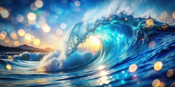 Blue Ocean Wave Bokeh, Abstract Water Photography,  Whimsical Sea Art, Dancing Waves, Blue  Bokeh Background