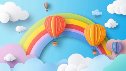 Hot Air Balloons and Rainbow in the Sky