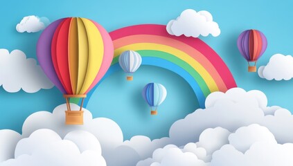 Papercut Illustration of Hot Air Balloons Soaring Through The Clouds