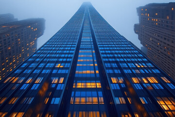 Low angle view of skyscraper at dusk.