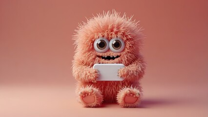 Fototapeta premium Cute coral color fuzzy monster holding blank smartphone isolated solid coral background, 8k image