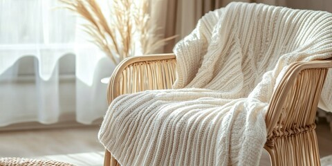 High angle view of a white knitted plaid draped over a bamboo armchair. A close up of the wicker chair showcases its stylish design within a modern interior featuring eco furniture and new home decor.