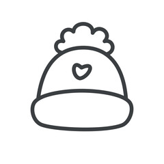 Kawaii hat icon. Hand drawn monochrome illustration of a knitted hat with a pompom isolated on a white background. Cute winter sticker. Vector 10 EPS.