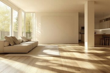 Modern minimalist living room interior with sofa and sunlight.