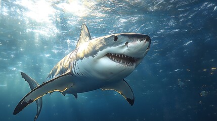 Naklejka premium Great white shark swimming underwater, sunlight beams.