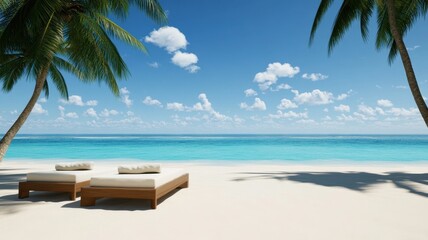 Obraz premium Tranquil tropical beach getaway hideaway with cushioned lounges for ultimate relaxation and serenity.