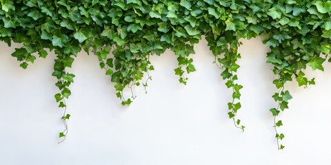 Obraz premium Lush green Hedera plants create a vibrant texture against a white wall, showcasing the beauty of nature in this stunning background featuring hanging Hedera foliage.