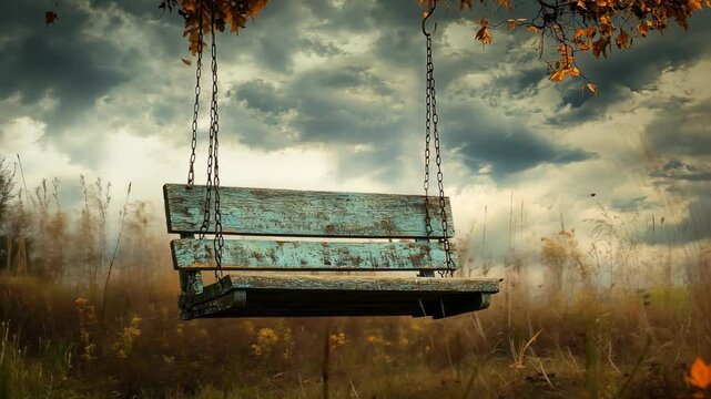 Rustic wooden swing hanging from tree branch against a cloudy sky and autumnal field.