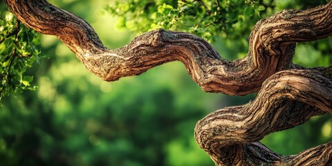 Close up of twisted tree branches showcasing intricate details against a lush green natural background, highlighting the unique texture of the twisted tree branches in nature.
