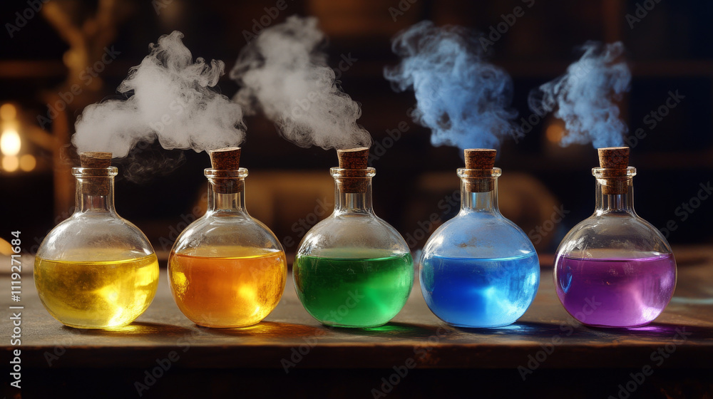 Poster laboratory potion bottle animation cartoon game icon. chemical witch flask explosion isolated ui set