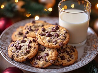 A cozy plate of chocolate chip cookies beside a glass of milk, perfect for holiday snacks, surrounded by festive decorations and warm lights.