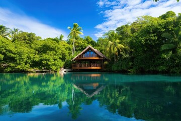 Obraz premium Tranquil tropical island hut getaway, nestled amidst lush greenery and crystal-clear waters for the ultimate escape.
