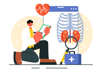 Body Diagnosis Vector Illustration featuring an X-ray Machine and MRI Scanner Examining the Human Body for Organ and Joint Health in a Flat Background
