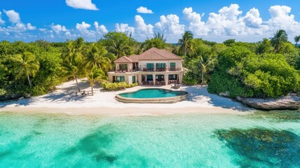 Obraz premium Tropical Private Island Getaway: A Serene Hideaway with Pristine White Sandy Beaches and Crystal Clear Waters.