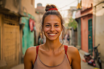 Smiling woman standing in a colorful urban street setting