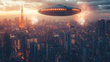 UFO over futuristic city at sunset with fireworks. (3)