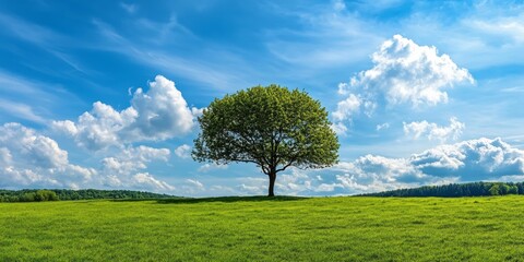 Fototapeta premium Lone tree on a vibrant green meadow with a lush forest on the horizon and fluffy white clouds against a blue sky, creating a serene view on a bright spring day in nature.