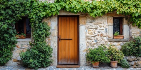 Facade of a charming stone house featuring a wooden door and lush vines elegantly climbing the wall, creating a picturesque scene of a one story residence.