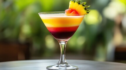 Refreshing cocktail with layers of colorful fruit juice and a tropical garnish