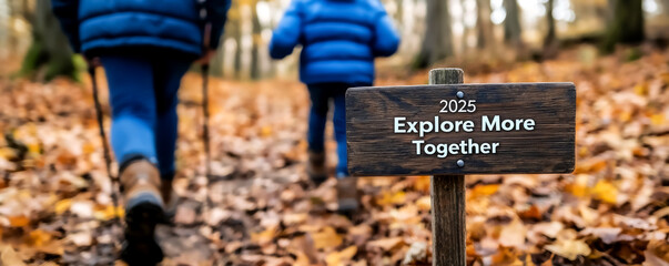 new year 2025 plan with accomplishment concept. Exploring nature with a sign encouraging adventure together.