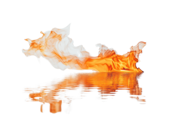 Fiery Reflection: A dynamic burst of orange and white flames dances across the frame, its fiery reflection mirrored perfectly in still water below.
