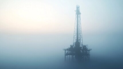Obraz premium Offshore oil rig in dense fog at sunrise.