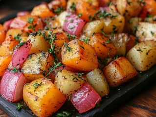 A colorful medley of roasted vegetables, featuring vibrant cubes of butternut squash, potatoes, and red onions, garnished with fresh thyme.