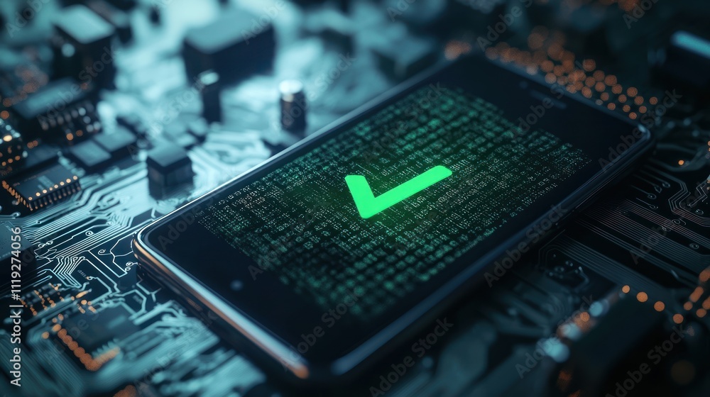 Poster a smartphone displaying a green checkmark on a circuit board background, symbolizing verification.
