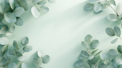 Pale green background with eucalyptus leaves forming a frame.