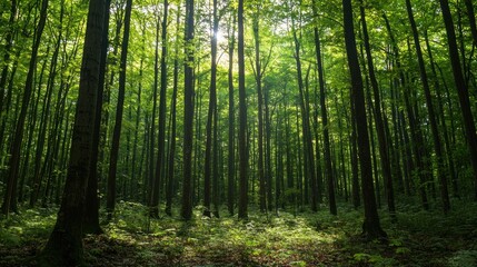 Obraz premium A dense, green forest with towering trees and sunlight filtering through the leaves, creating a peaceful nature scene