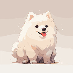 Adorable White Pomeranian Puppy Sitting, Cartoon Style. Cute Dog Vector.