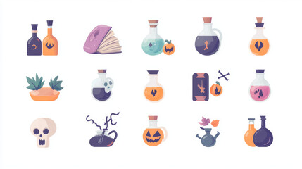 Magic potions, spell books, herbs icons for game or halloween decor. Witch or wizard alchemy laboratory stuff with bottles with poisons, skull, mystic books, vector cartoon set