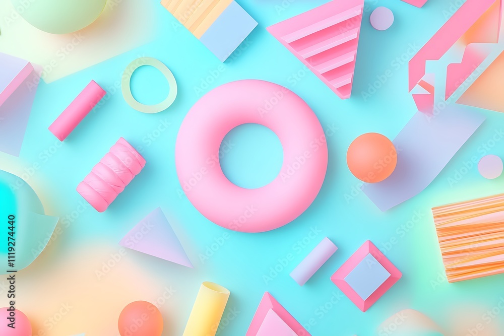Poster a colorful arrangement of geometric shapes and forms on a gradient background.