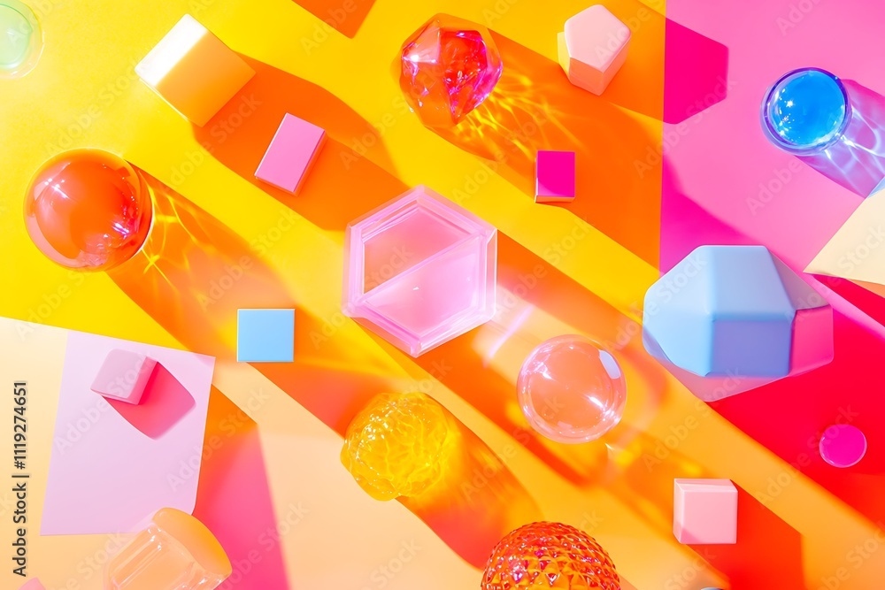 Poster Colorful geometric shapes and transparent objects on a vibrant background create a playful composition.