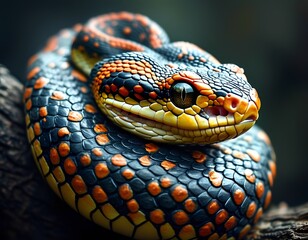 Fototapeta premium Close-up of a vibrant snake with striking patterns and intense eyes