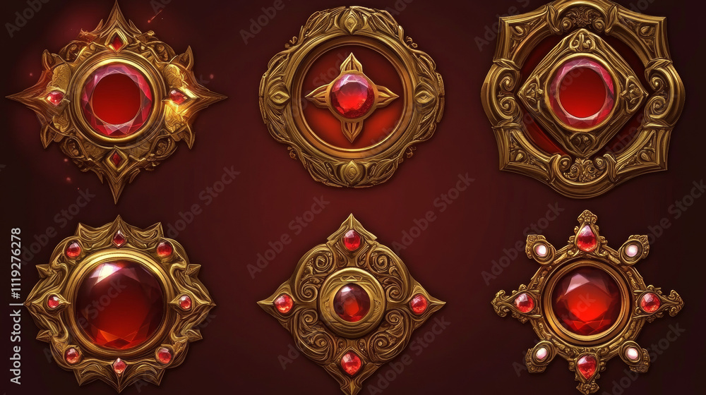 Aufkleber golden fantasy medieval frame with gem stones and red background for game ui design. cartoon vector 