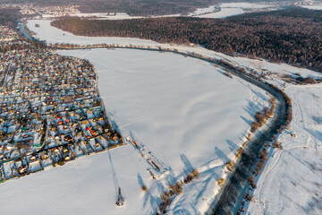 Aerial view of snowy countryside in winter