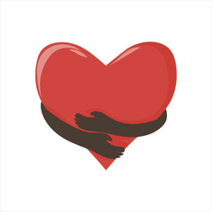 Flat design of African hands hugging a red heart with love
