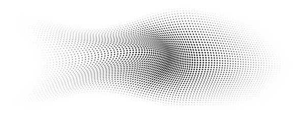 Fototapeta premium Flowing Wave Dot Halftone Pattern: Curve Gradient Shape on Transparent Background. Suitable for AI, Tech, Network, Digital, Science, and Technology Themes.