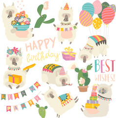 Cartoon character of funny alpaca llama with birthday theme. Vector set