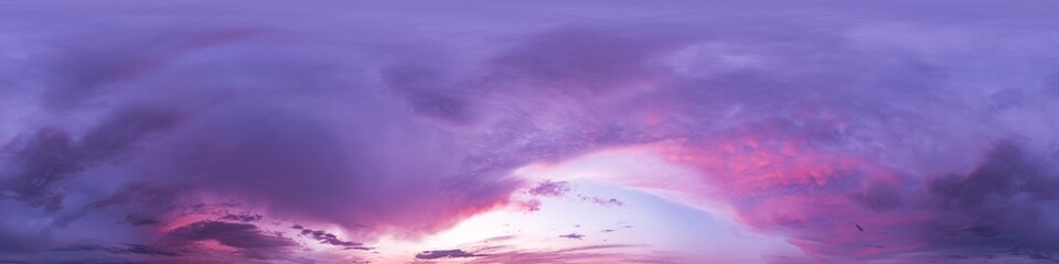 Sunset sky with bright glowing pink Cumulus clouds. Seamless spherical HDR 360 panorama. Full zenith or sky dome in 3D, sky replacement for aerial drone panoramas. Climate and weather change. © panophotograph