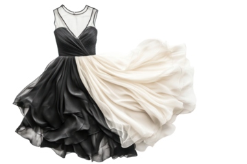 Black and White Elegance:  A captivating black and white dress, draped with luxurious chiffon, dances in the air, radiating a timeless elegance. The perfect blend of classic and contemporary.