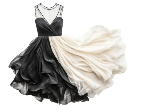 Black and White Elegance:  A captivating black and white dress, draped with luxurious chiffon, dances in the air, radiating a timeless elegance. The perfect blend of classic and contemporary.
