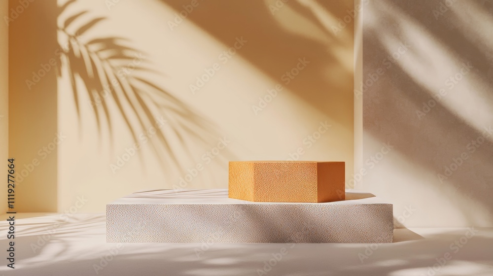 Poster minimalist podium scene with abstract geometric shapes in soft orange and white color palette genera