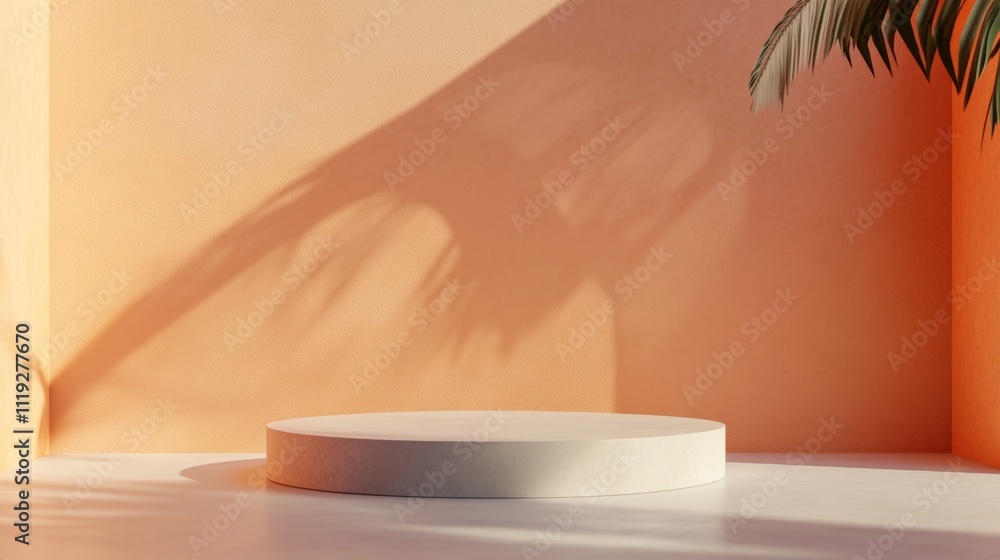 Poster minimalist podium scene with abstract geometric shapes in soft orange and white color palette for mo