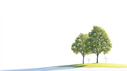 Two lush green trees on a grassy hill with wind turbines in the background against a white backdrop.