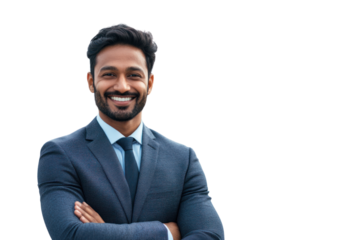 Confident Indian professional with city skyline in background,isolated on transparent and white background.PNG image
